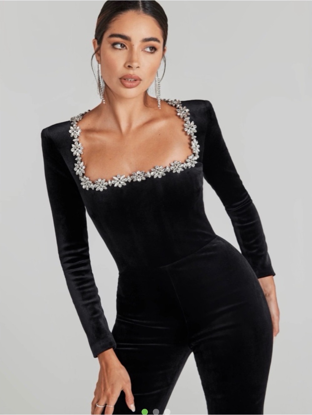 NADINE MERABI Black Velvet Jumpsuit with Crystal Floral Neckline